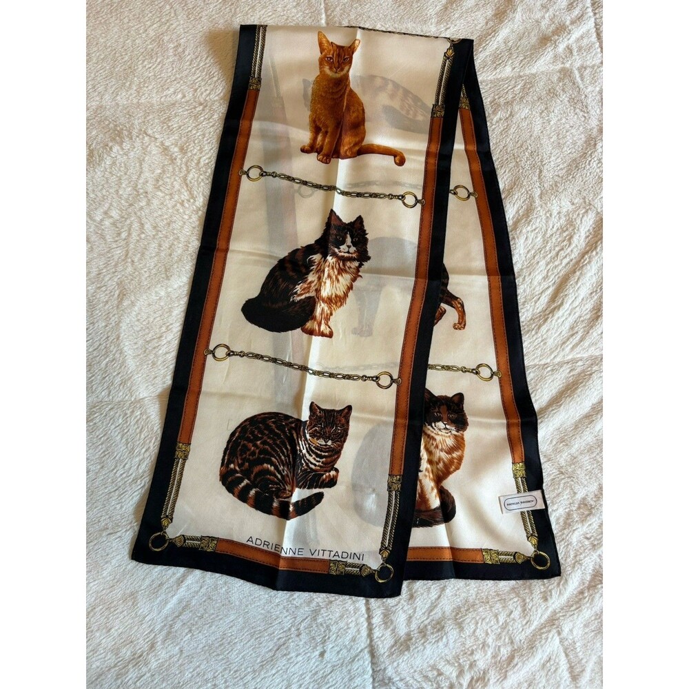 Vtg Adrienne Vittadini Silk Scarf Cat Animal Print Gold Chain Japan 11" x 52"